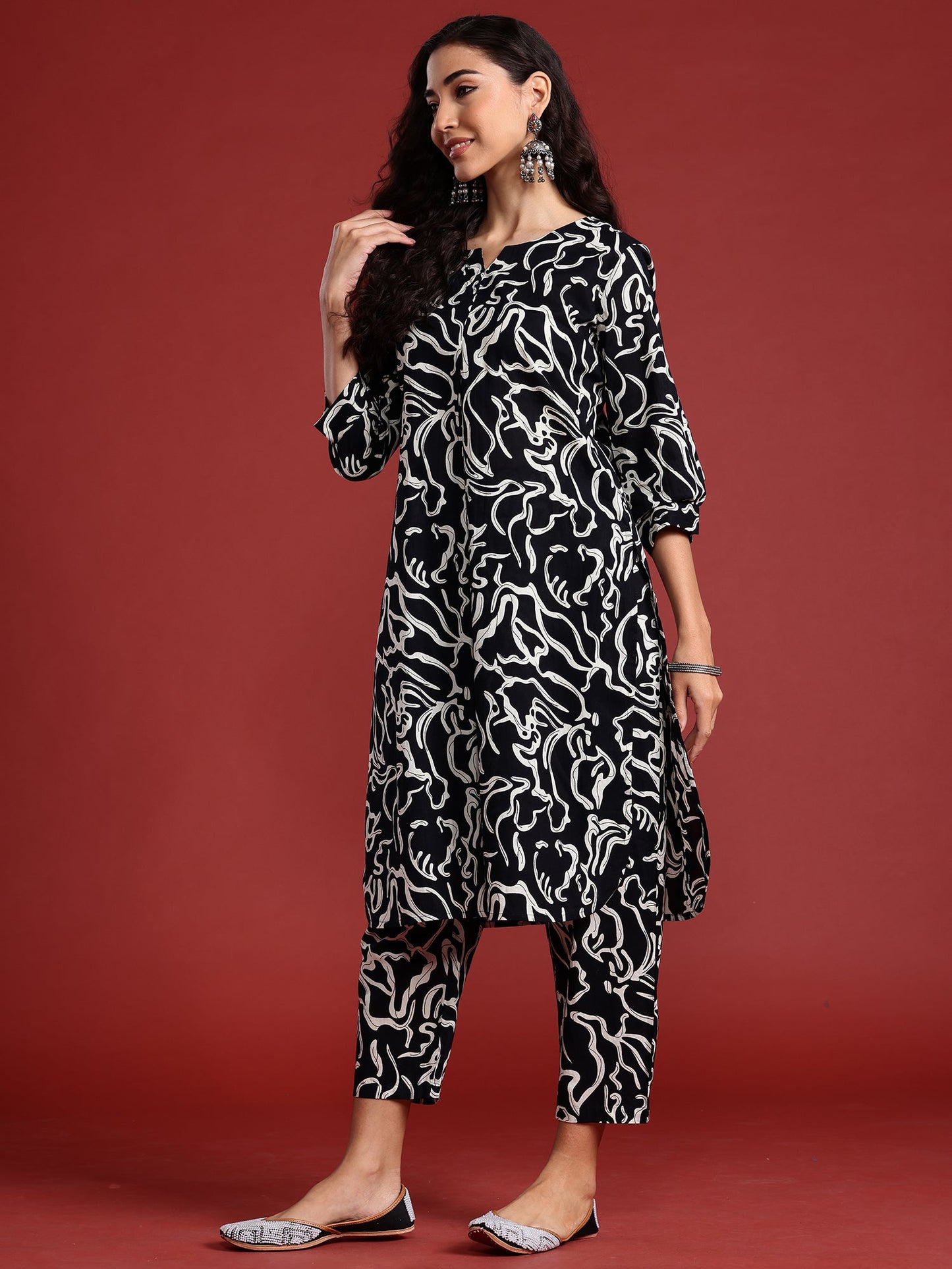 Indo Era Black Printed Smart Casual Co-Ords Set