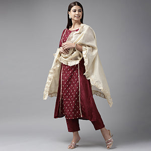 Maroon Embroidered A - Line Kurta Trouser With Dupatta