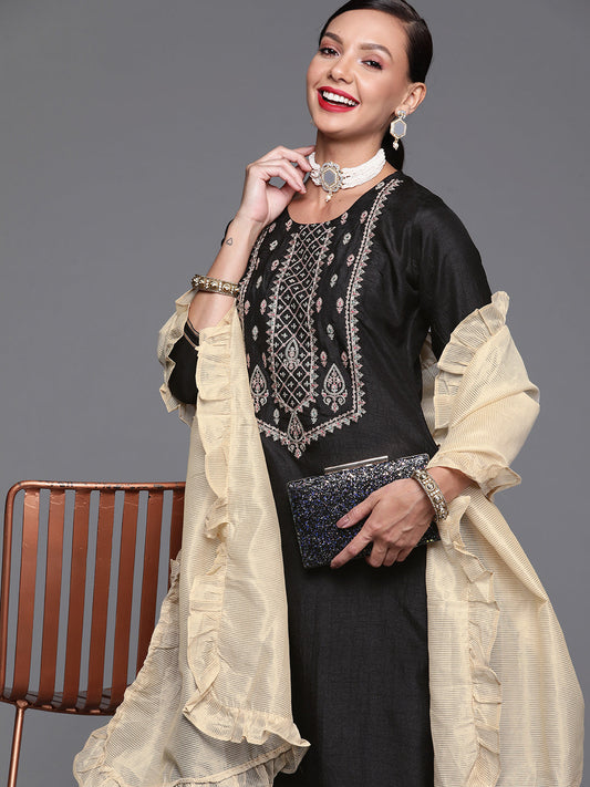 Indo Era Black Embroidred Kurta Trouser With Dupatta Set