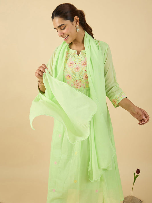 Green Embroidered A-Line Kurta Trousers With Dupatta set