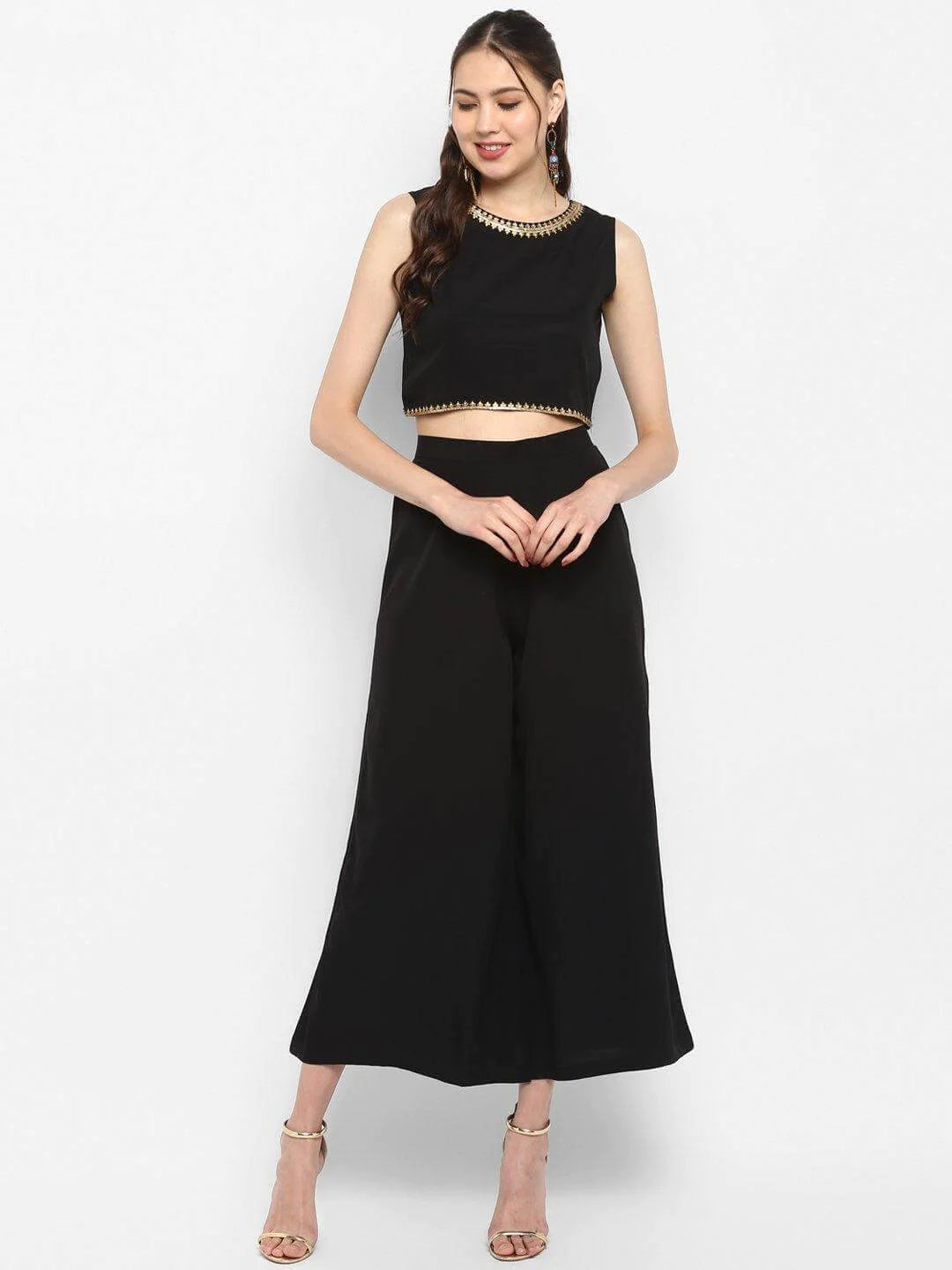 Black Poly Crepe Gold Print Top With Palazzo And Jacket