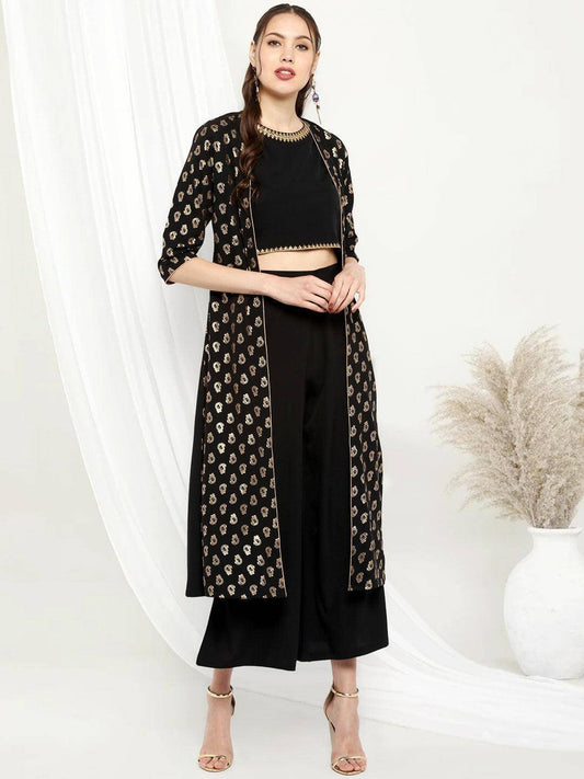 Black Poly Crepe Gold Print Top With Palazzo And Jacket
