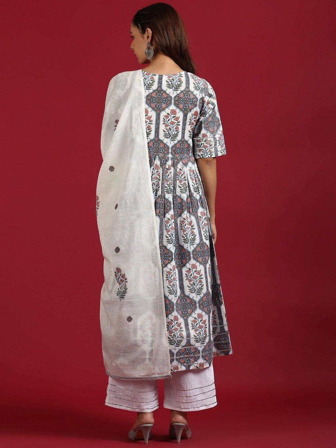 Silae White Cotton Botanical Print Kurta With Palazzo And Dupatta