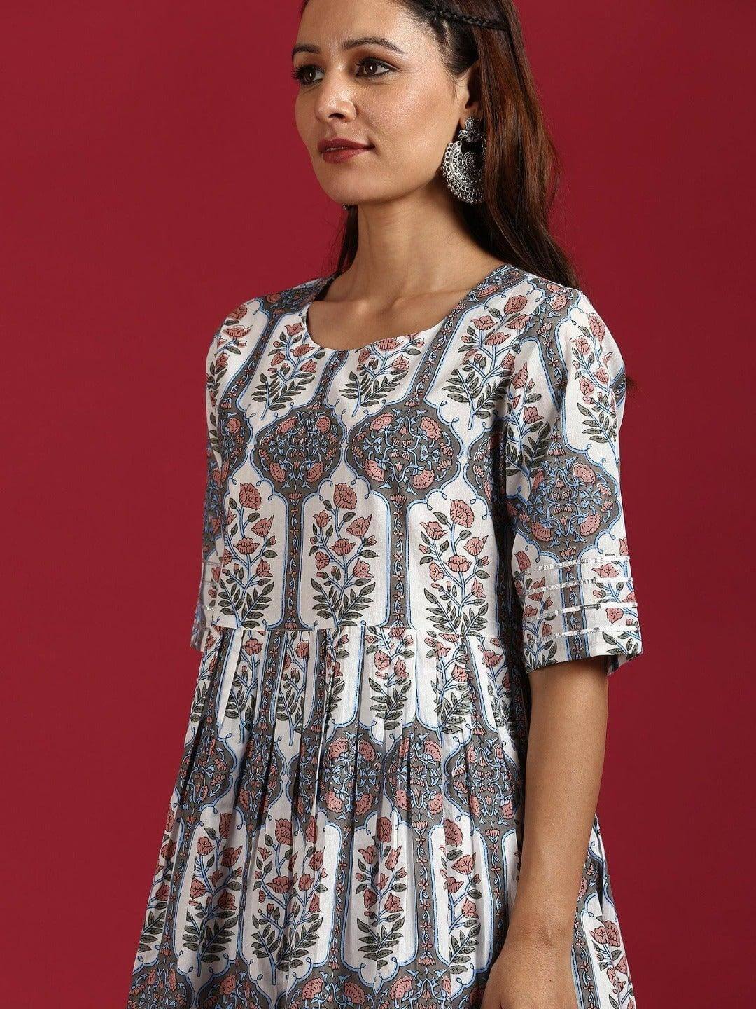 Silae White Cotton Botanical Print Kurta With Palazzo And Dupatta