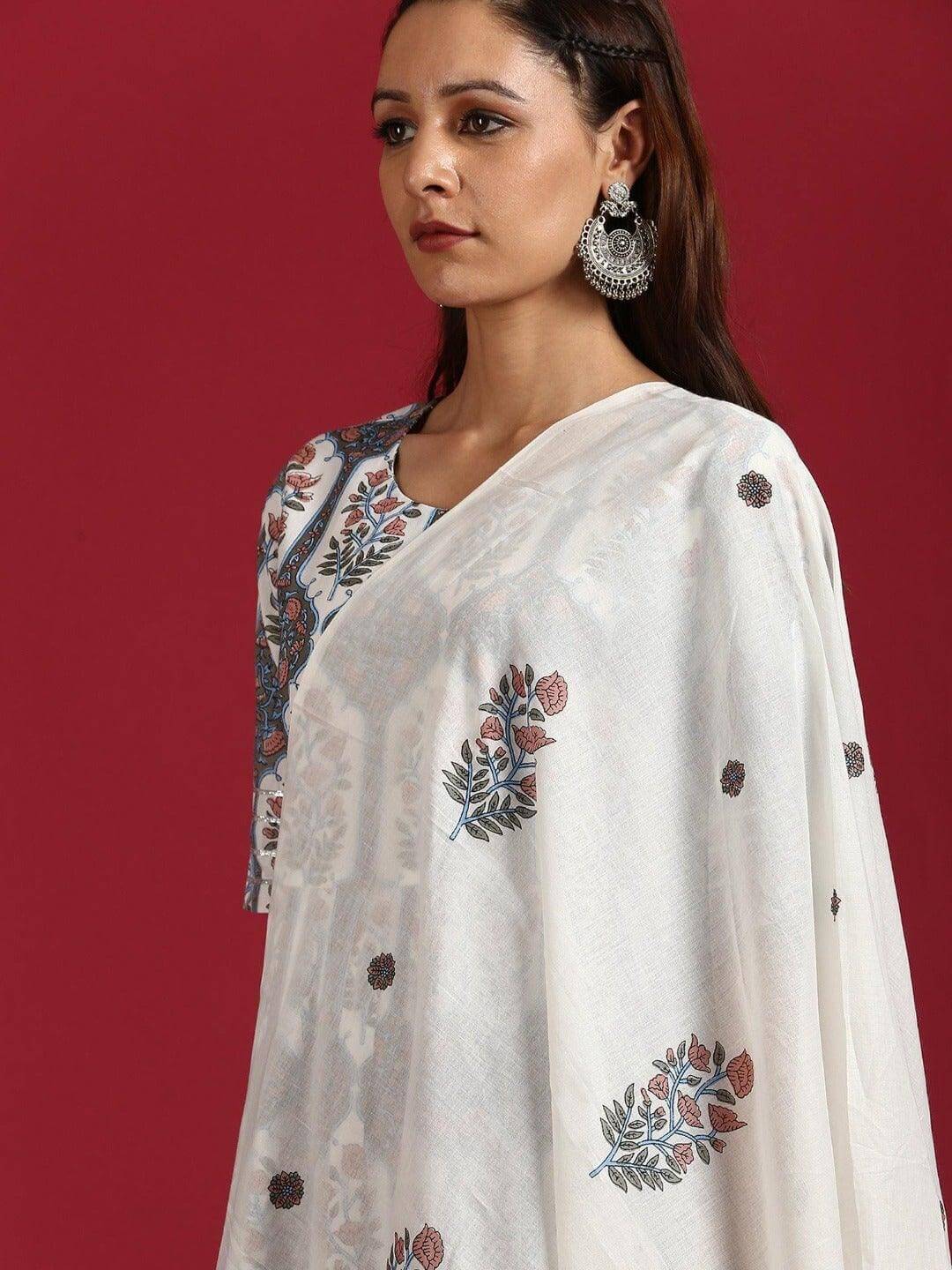 Silae White Cotton Botanical Print Kurta With Palazzo And Dupatta