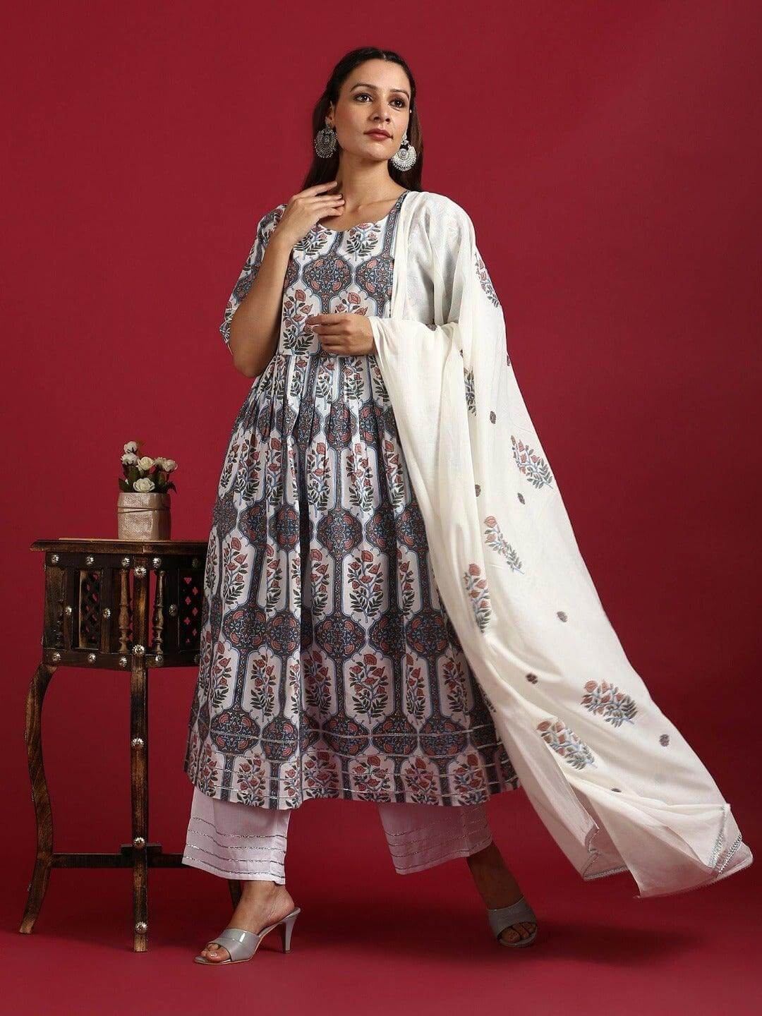 Silae White Cotton Botanical Print Kurta With Palazzo And Dupatta