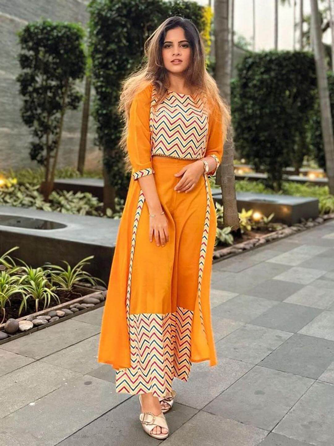 Yellow Poly Crepe Chevron/Zig Zag Crop Top With Palazzo And Jacket