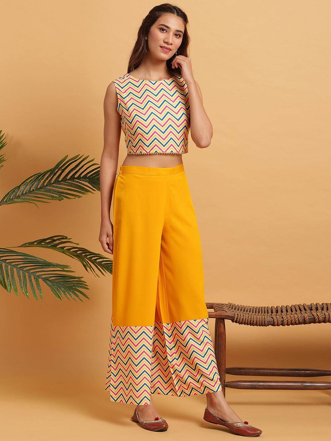 Yellow Poly Crepe Chevron/Zig Zag Crop Top With Palazzo And Jacket
