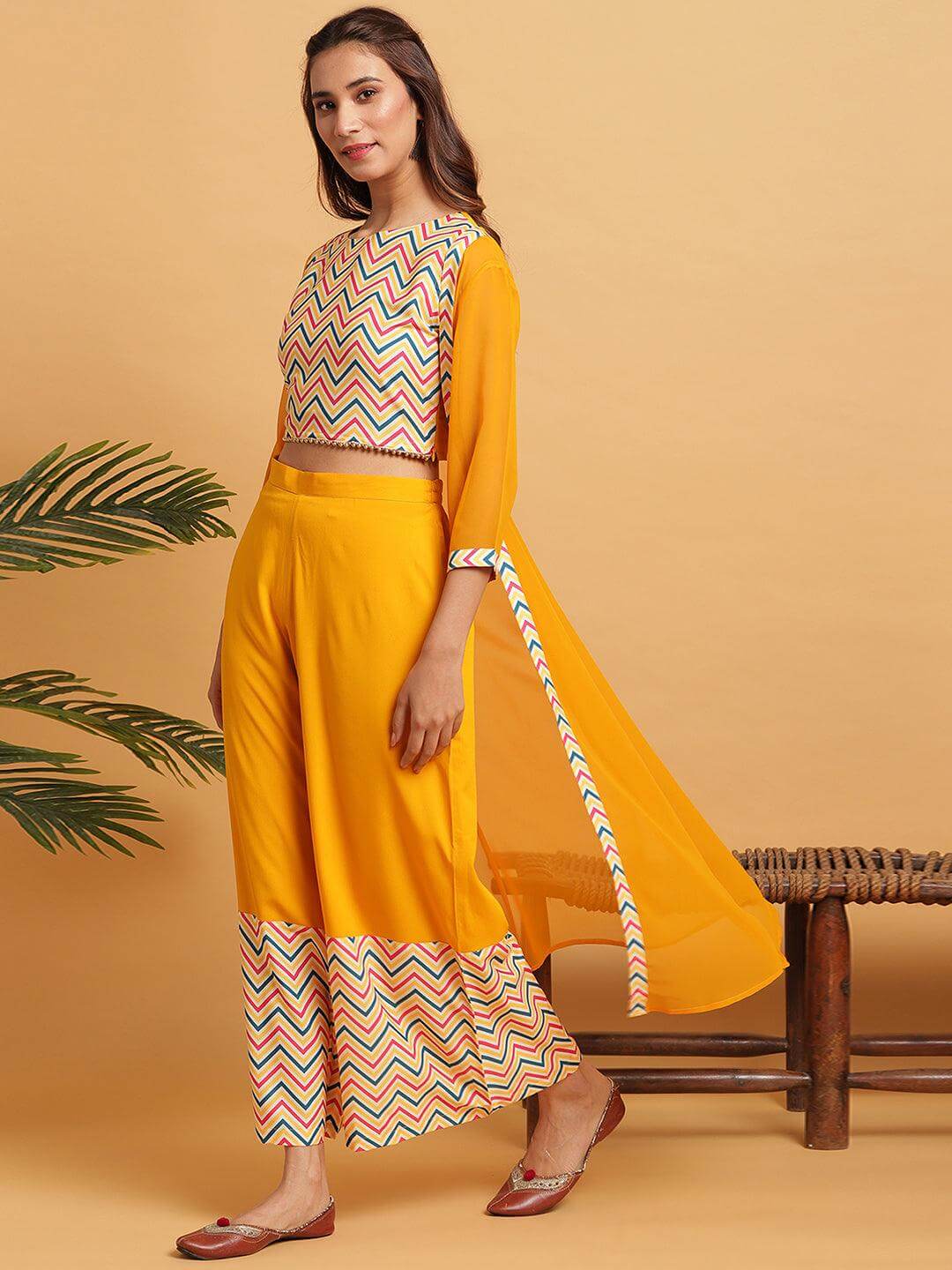 Yellow Poly Crepe Chevron/Zig Zag Crop Top With Palazzo And Jacket