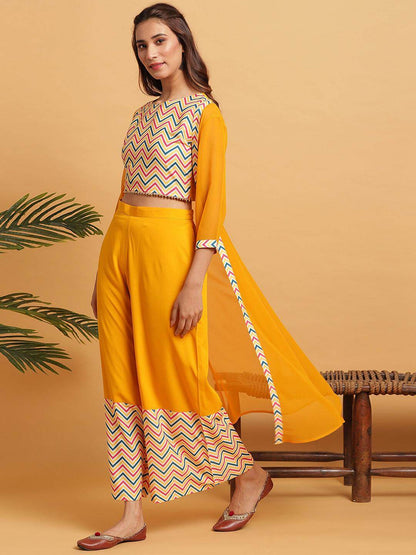 Yellow Poly Crepe Chevron/Zig Zag Crop Top With Palazzo And Jacket