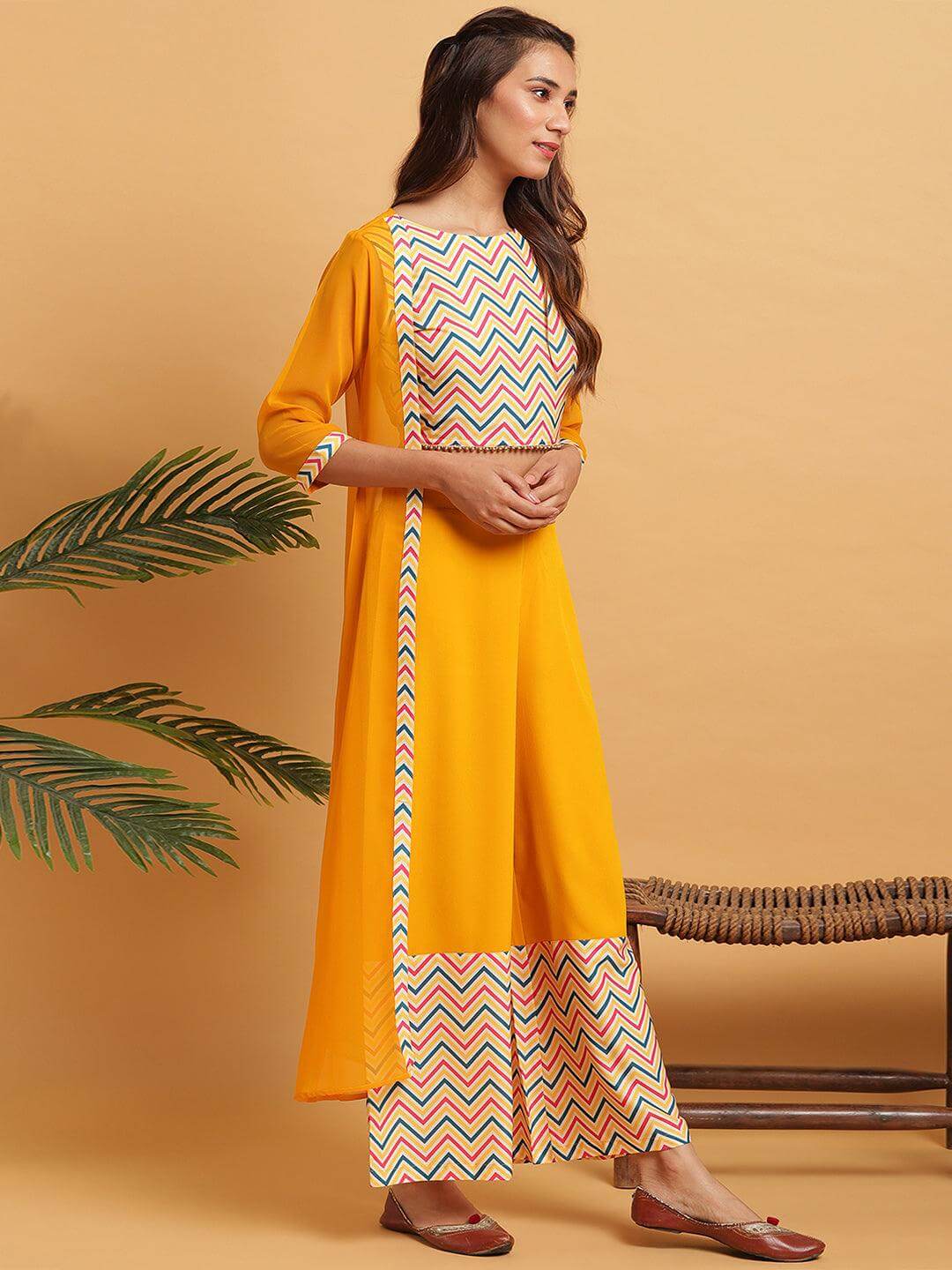 Yellow Poly Crepe Chevron/Zig Zag Crop Top With Palazzo And Jacket