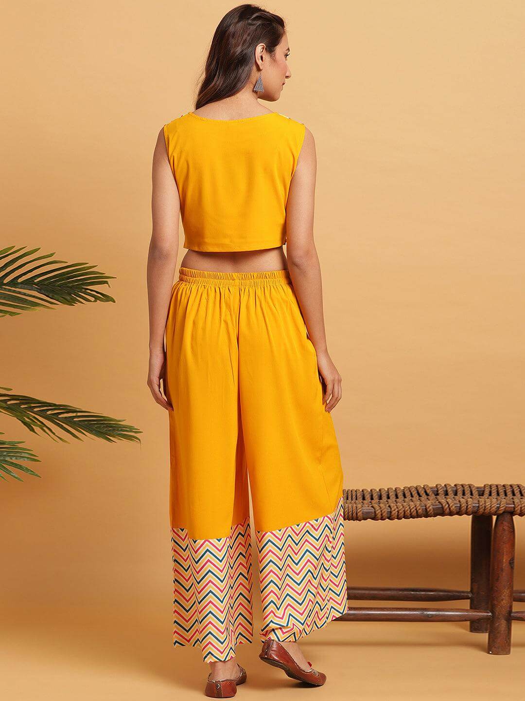 Yellow Poly Crepe Chevron/Zig Zag Crop Top With Palazzo And Jacket