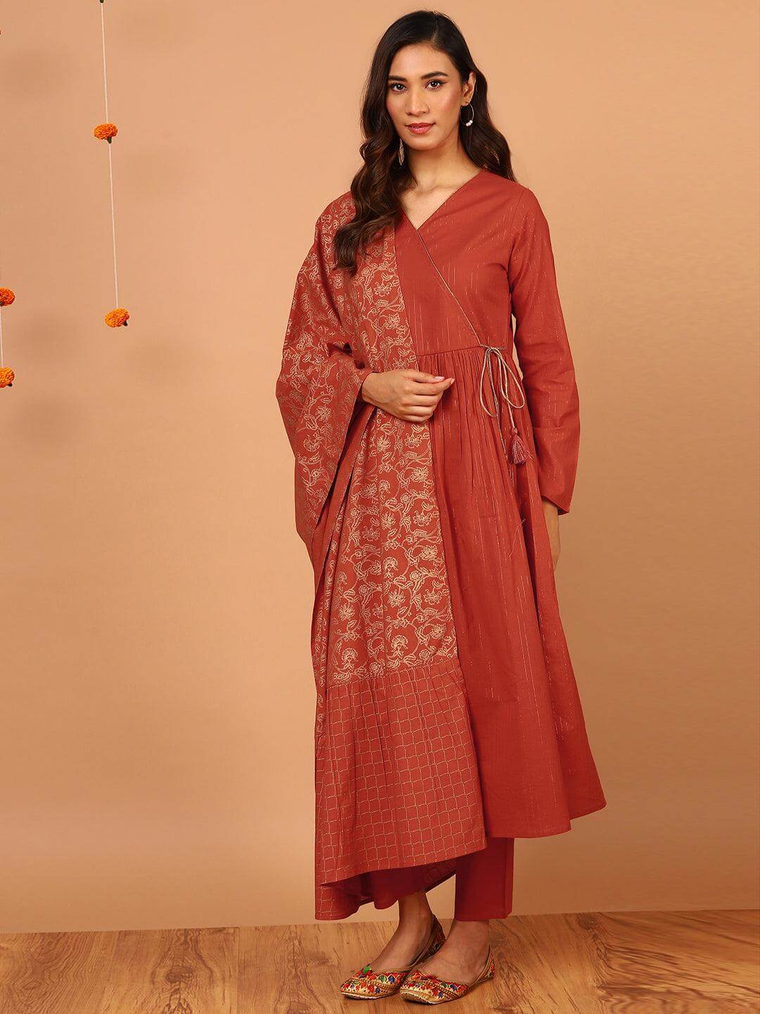 Orange Cotton Striped Kurta With Pant And Dupatta Silae