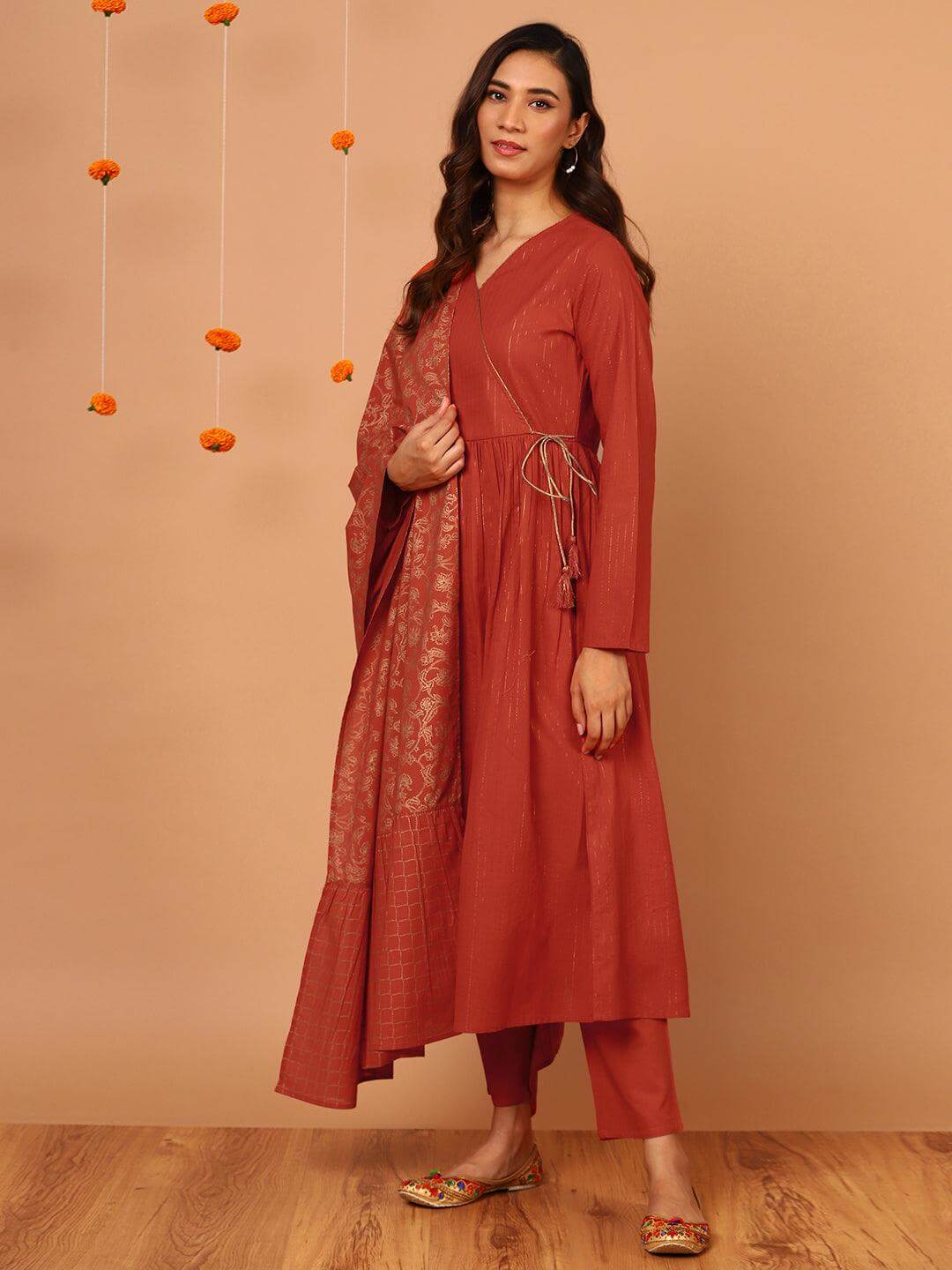 Orange Cotton Striped Kurta With Pant And Dupatta Silae