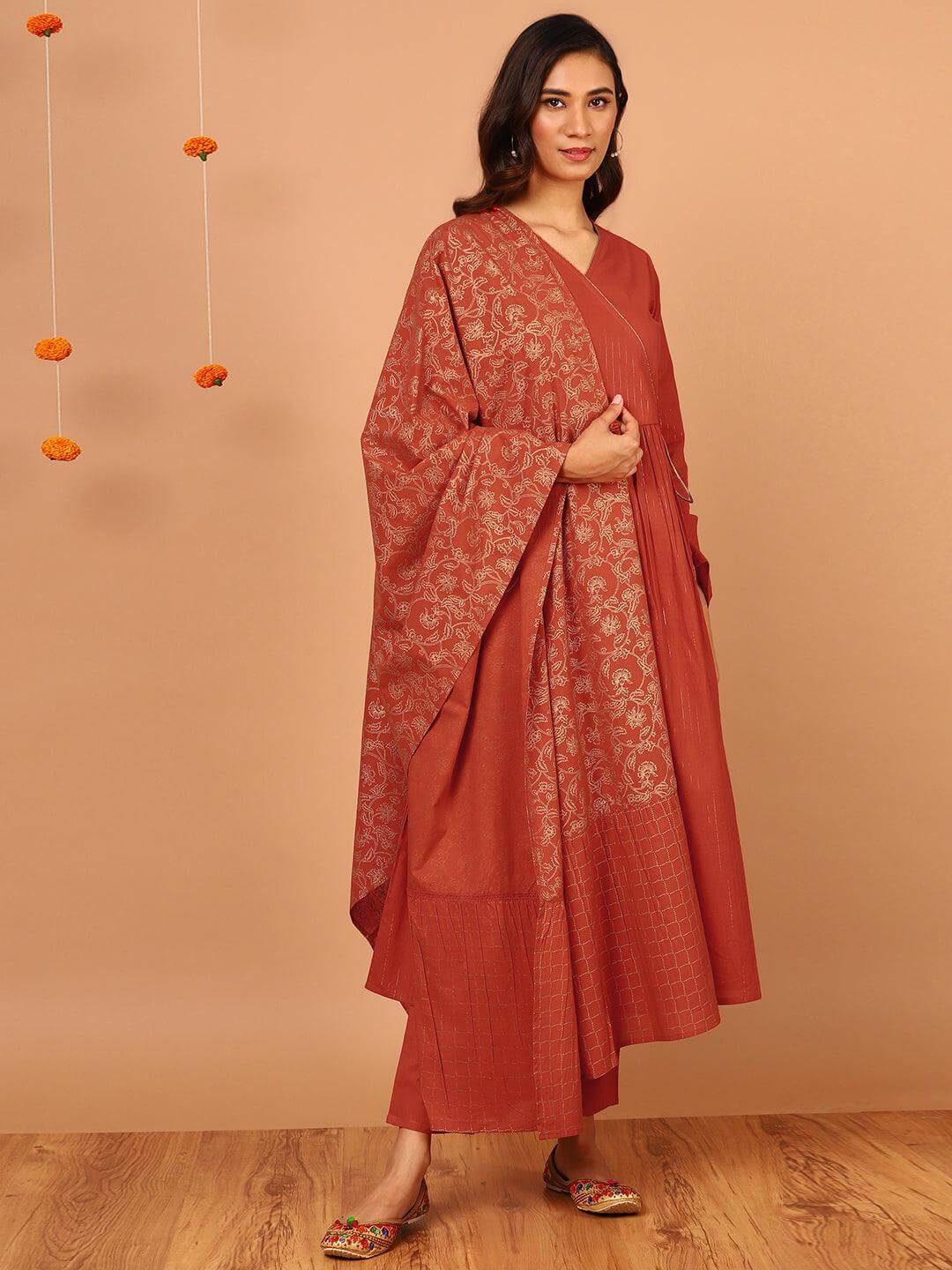 Orange Cotton Striped Kurta With Pant And Dupatta Silae