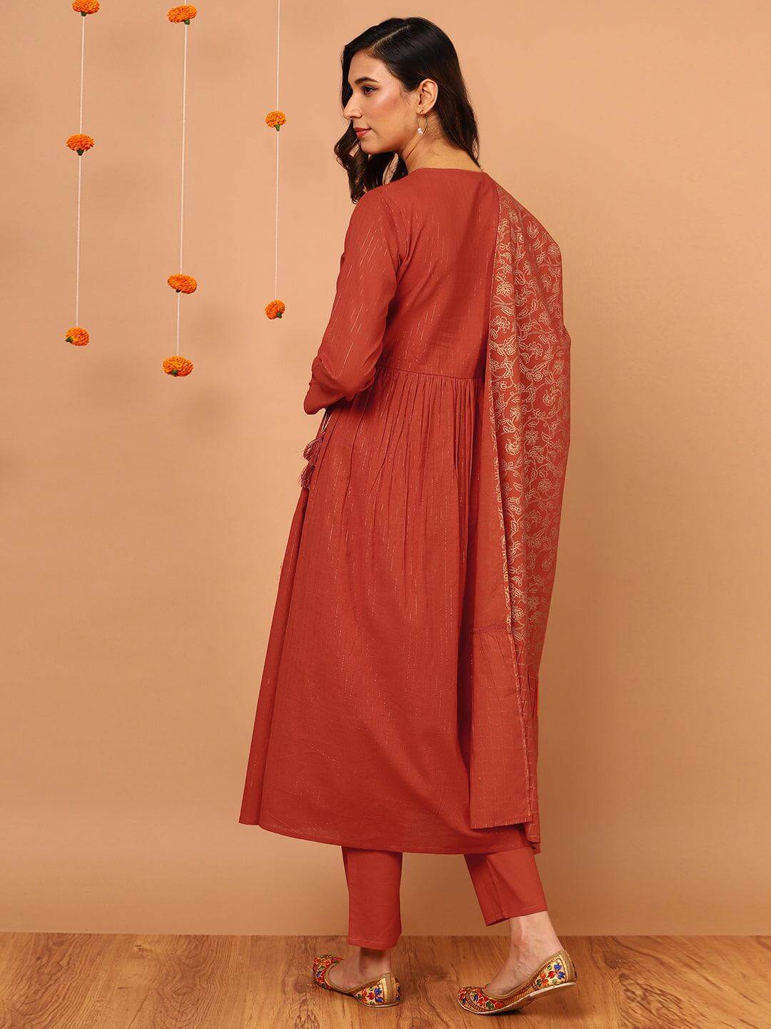 Orange Cotton Striped Kurta With Pant And Dupatta Silae