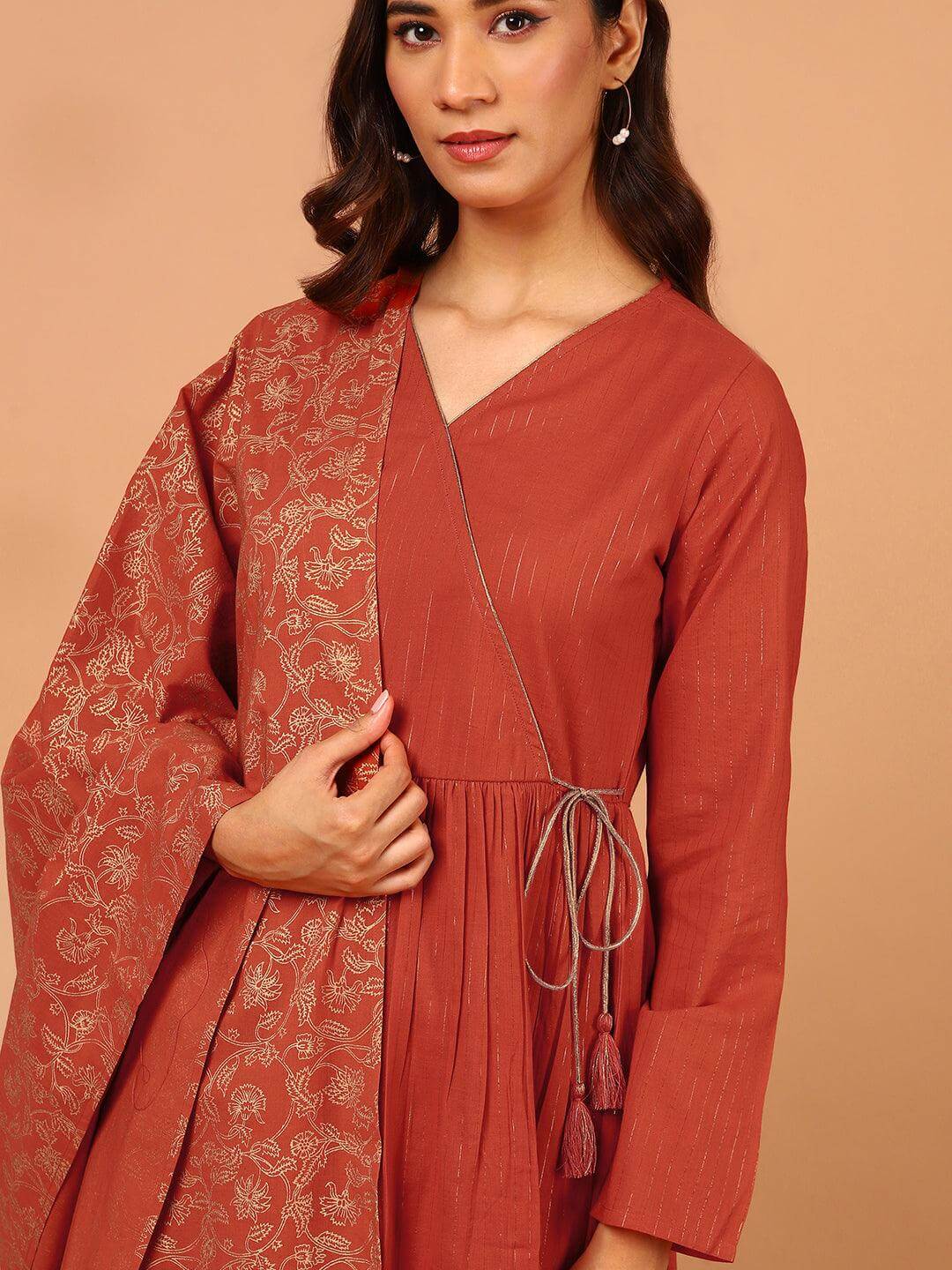 Orange Cotton Striped Kurta With Pant And Dupatta Silae