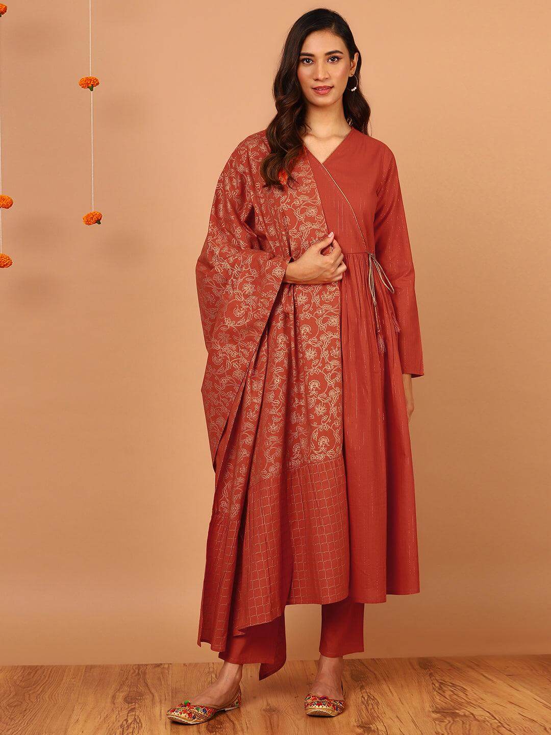 Orange Cotton Striped Kurta With Pant And Dupatta Silae