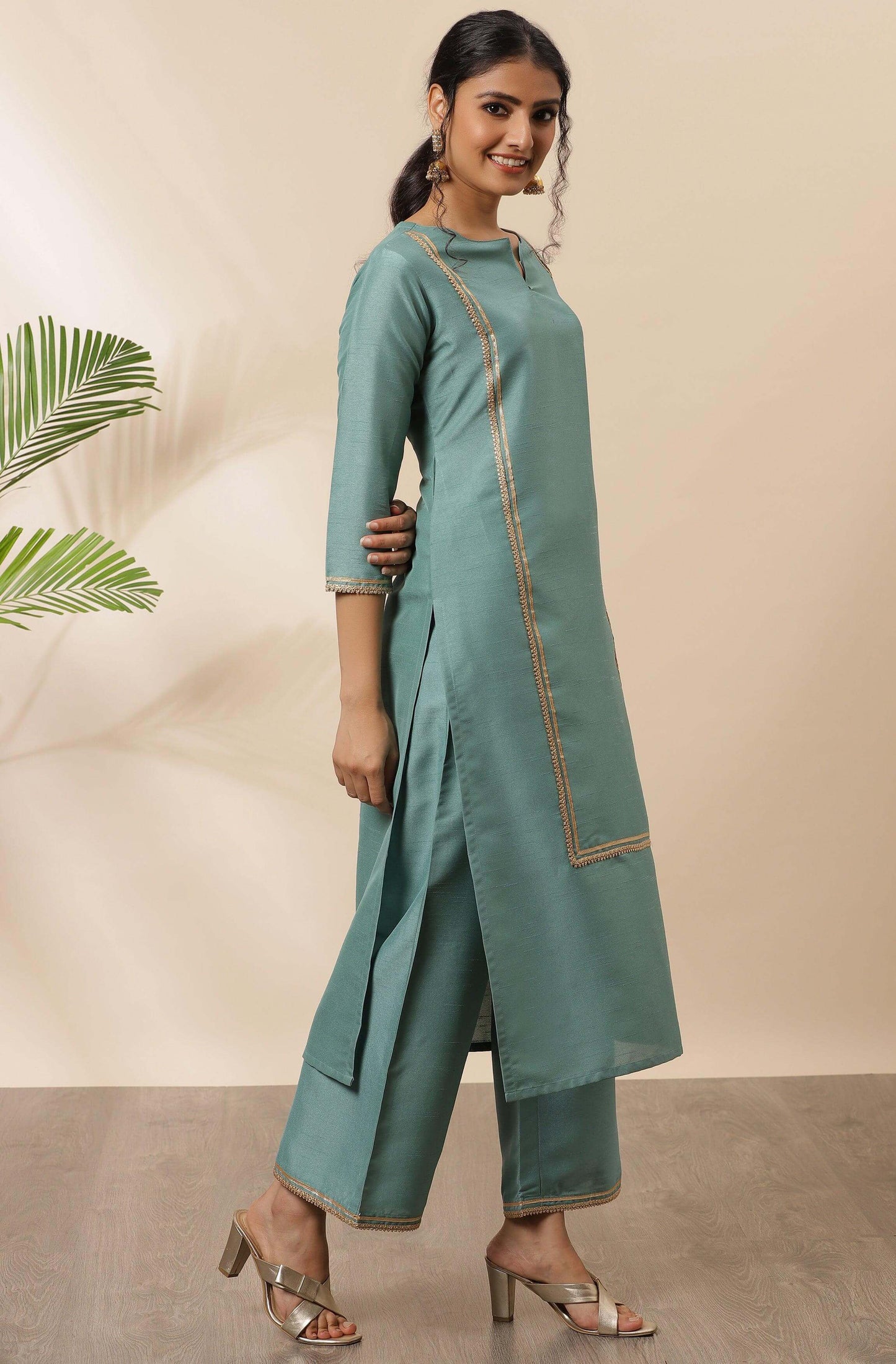 Green Poly Silk Solid Kurta With Palazzo