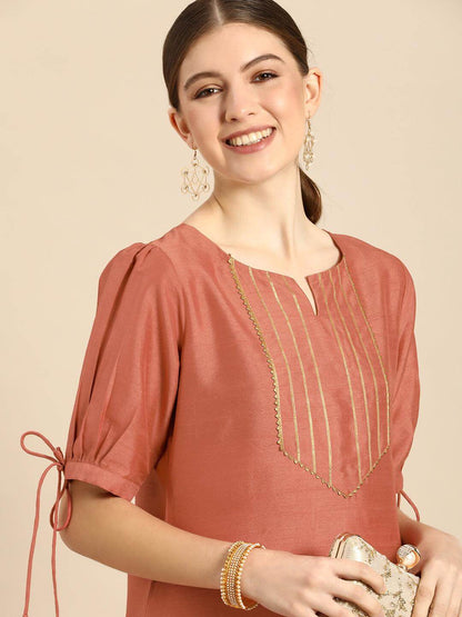 Peach Poly Silk Embellished Kurta With Pant
