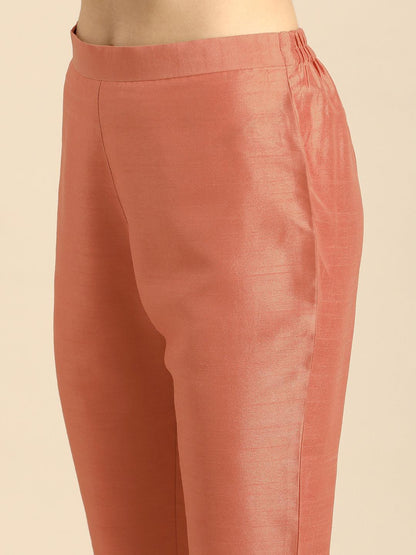 Peach Poly Silk Embellished Kurta With Pant
