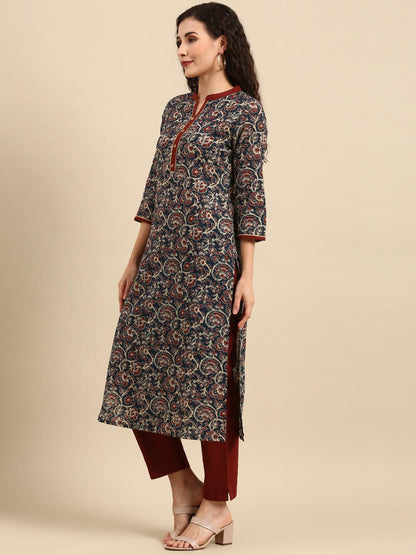 Teal Blue Cotton Floral Print Kurta With Pant And Dupatta