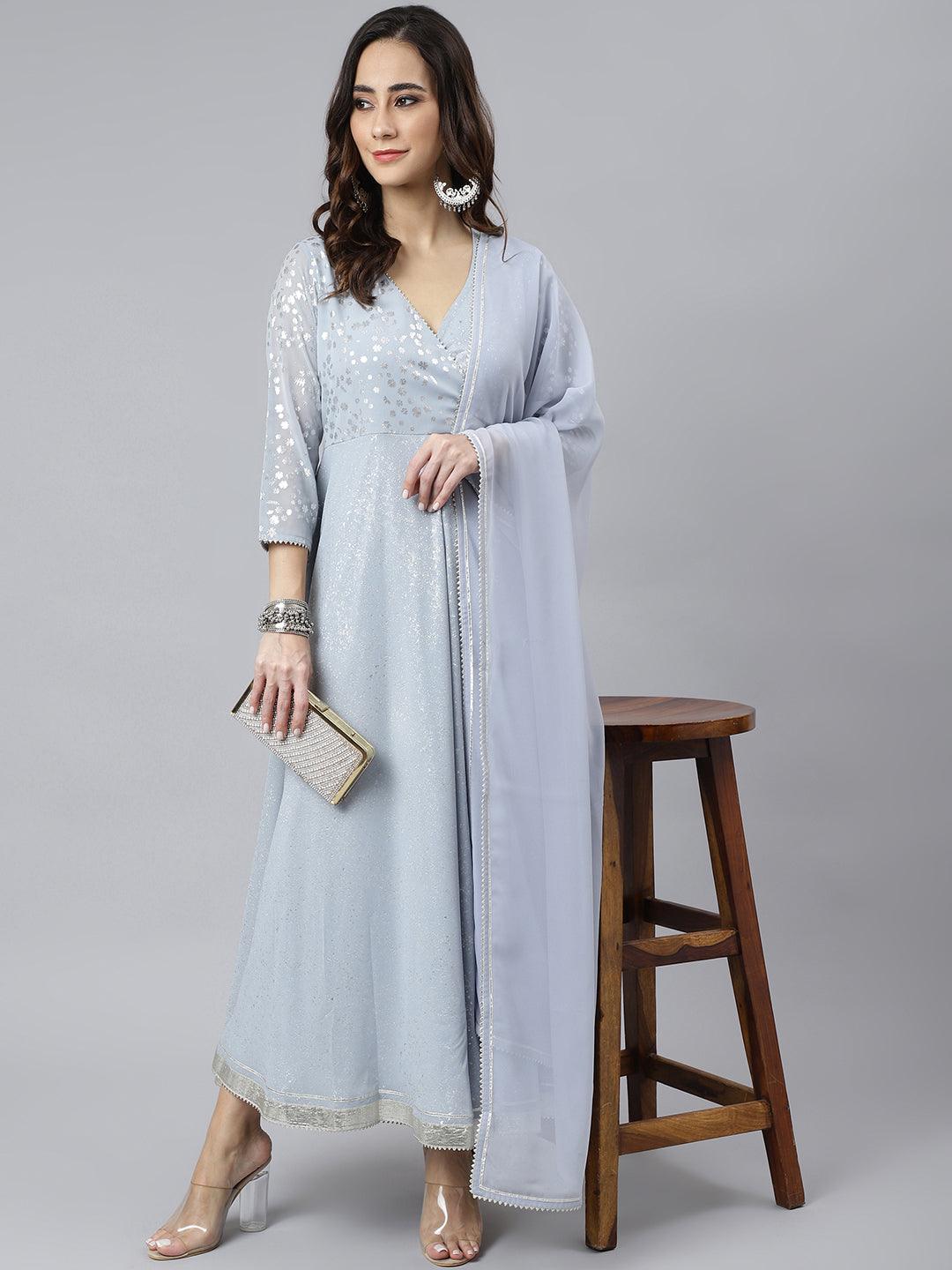 Grey Georgette Foil Print Kurta With Dupatta
