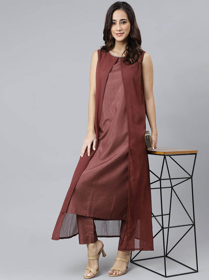 Brown Poly Silk Foil Print Kurta With Pant