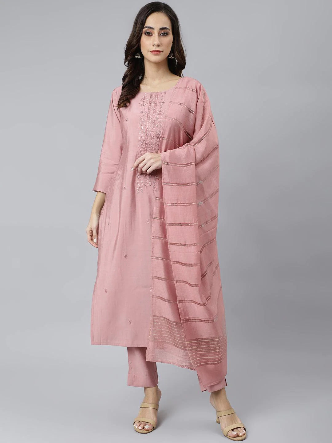 Light Pink Poly Silk Embroidered Kurta With Pant And Dupatta Silae