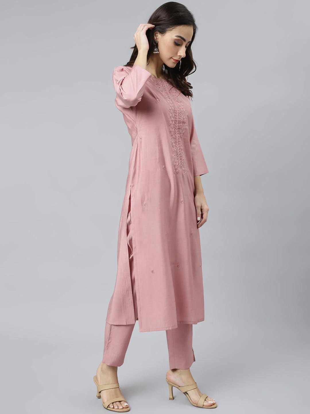 Light Pink Poly Silk Embroidered Kurta With Pant And Dupatta Silae