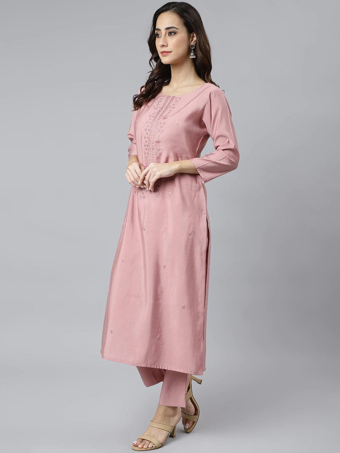 Light Pink Poly Silk Embroidered Kurta With Pant And Dupatta Silae