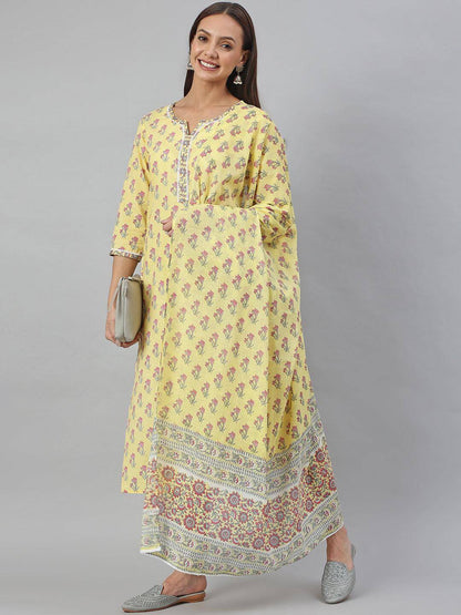 Yellow Cotton Floral Print Kurta With Pant And Dupatta