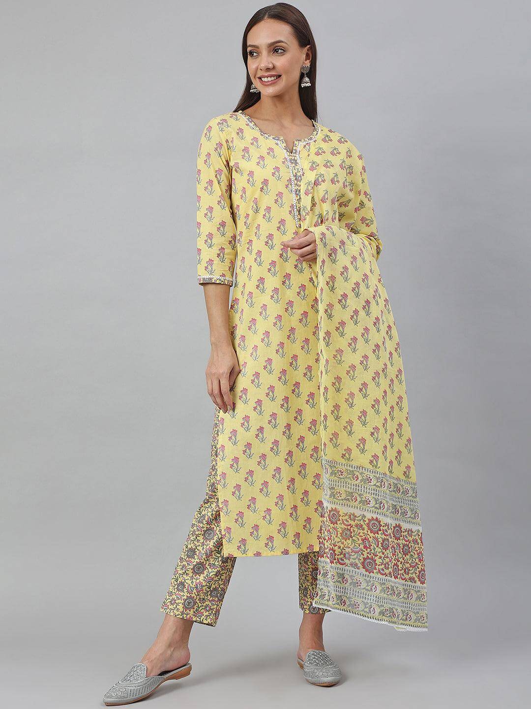 Yellow Cotton Floral Print Kurta With Pant And Dupatta