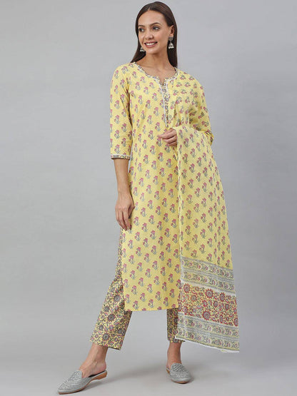 Yellow Cotton Floral Print Kurta With Pant And Dupatta
