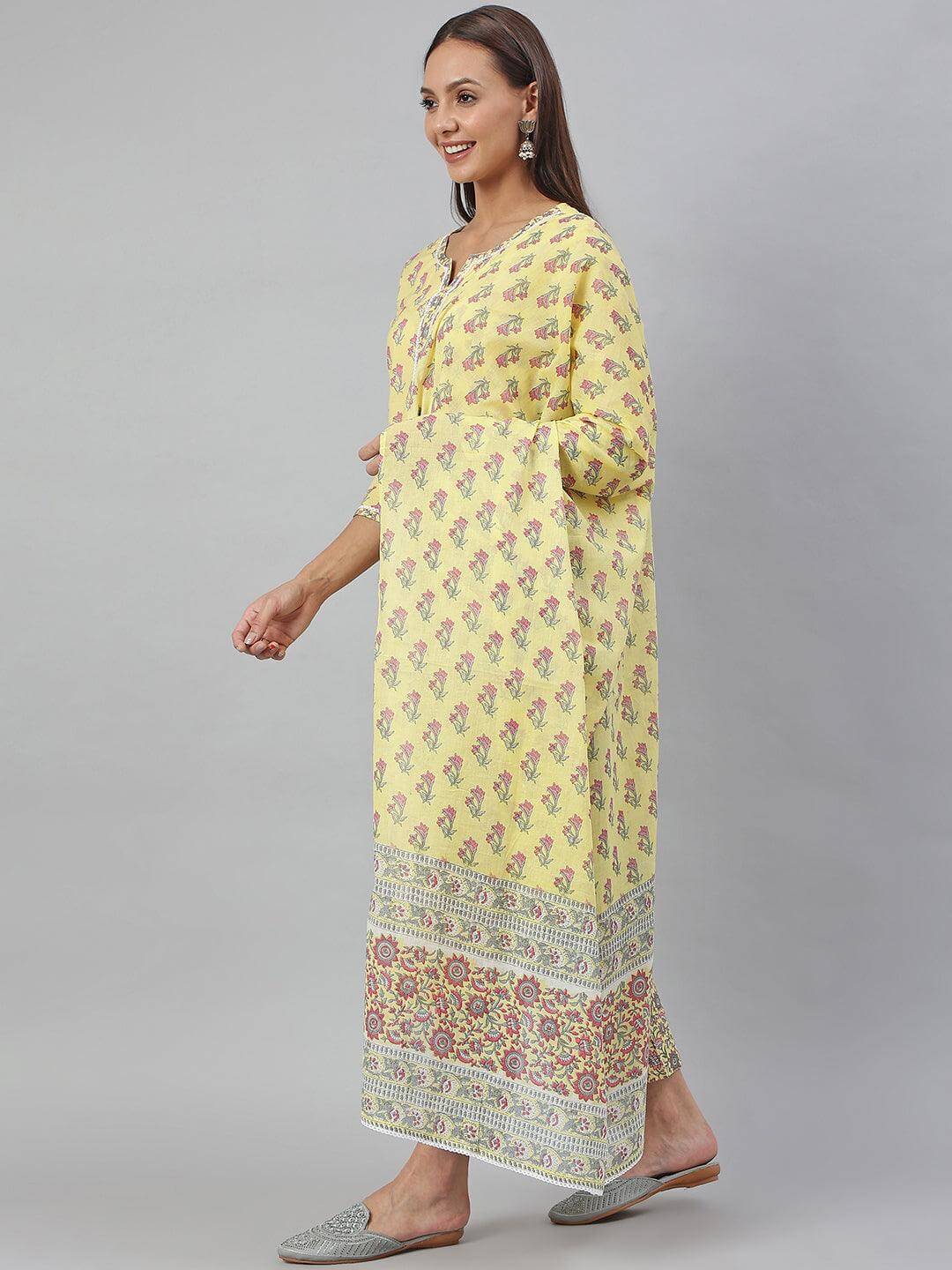 Yellow Cotton Floral Print Kurta With Pant And Dupatta