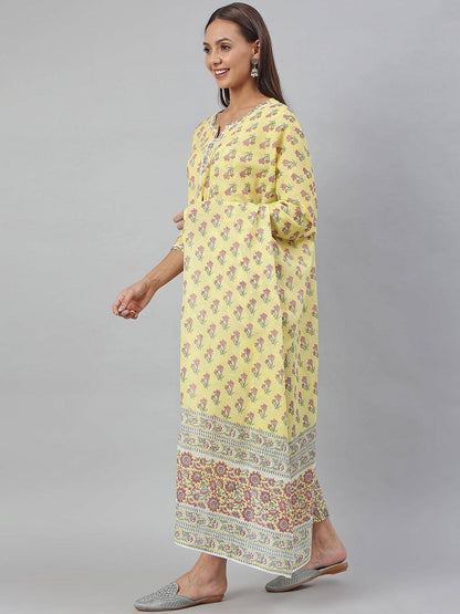 Yellow Cotton Floral Print Kurta With Pant And Dupatta