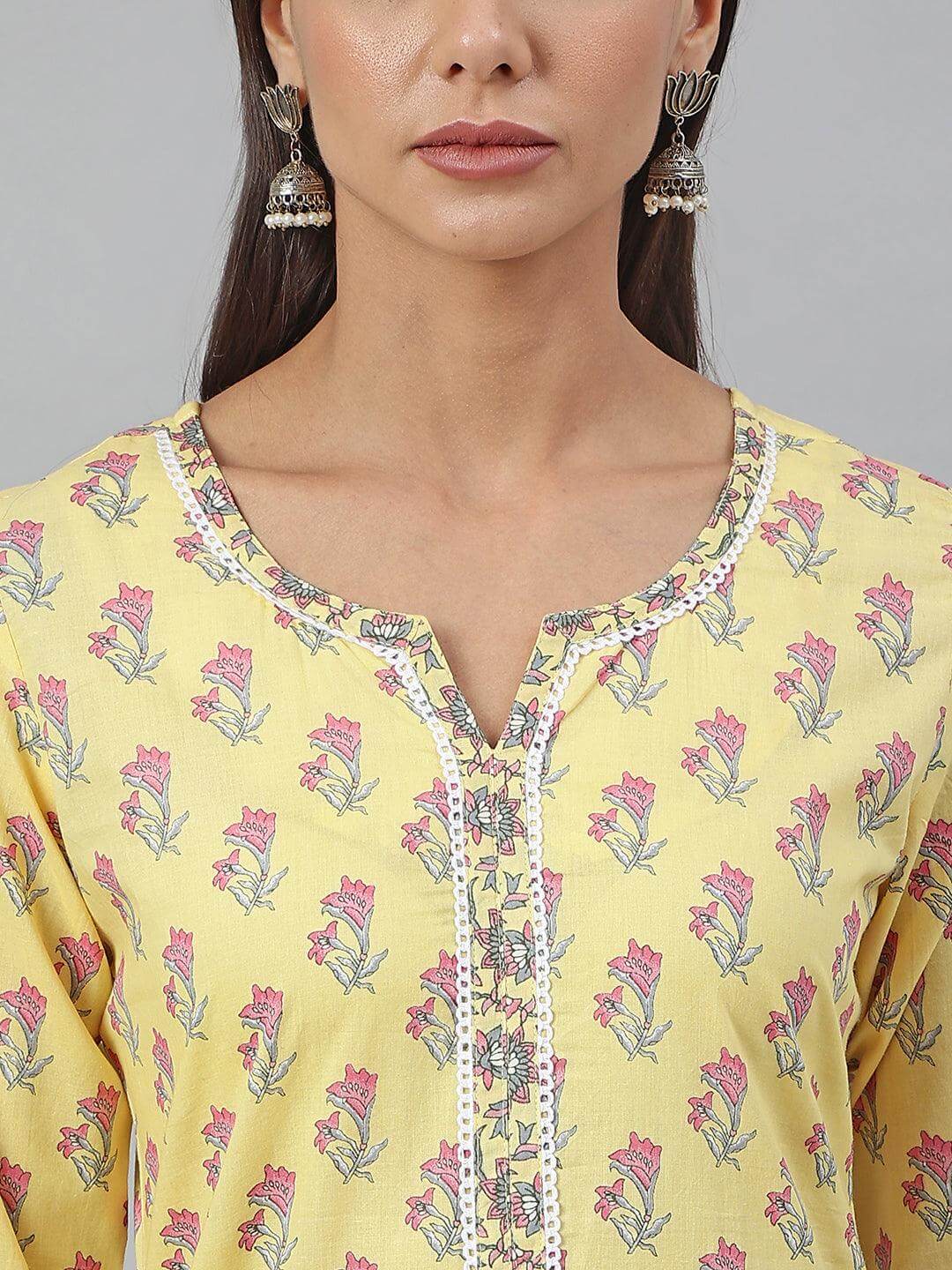 Yellow Cotton Floral Print Kurta With Pant And Dupatta
