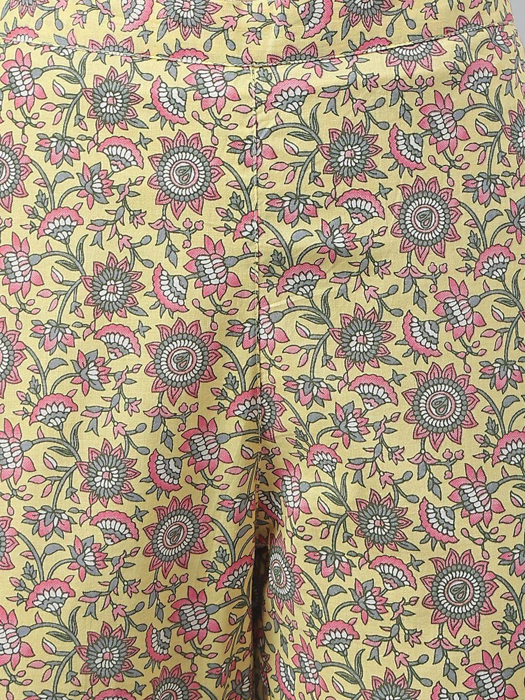 Yellow Cotton Floral Print Kurta With Pant And Dupatta
