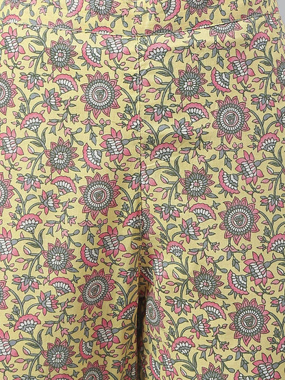 Yellow Cotton Floral Print Kurta With Pant And Dupatta