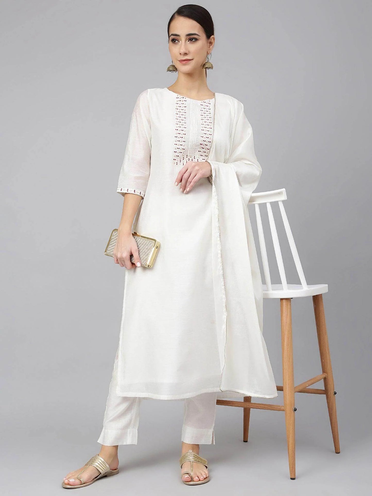 White Poly Silk Solid Kurta With Pant And Dupatta