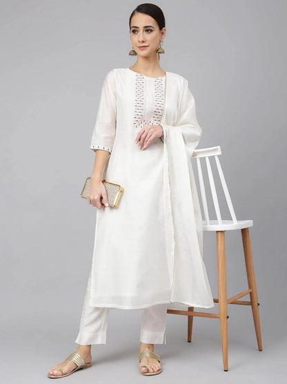 White Poly Silk Solid Kurta With Pant And Dupatta