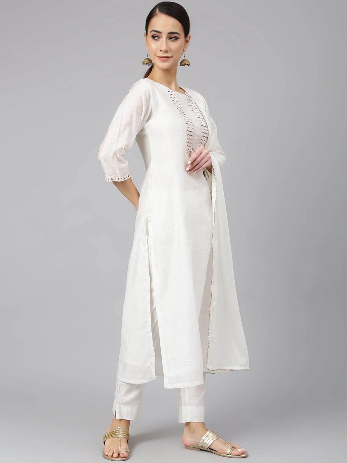 White Poly Silk Solid Kurta With Pant And Dupatta