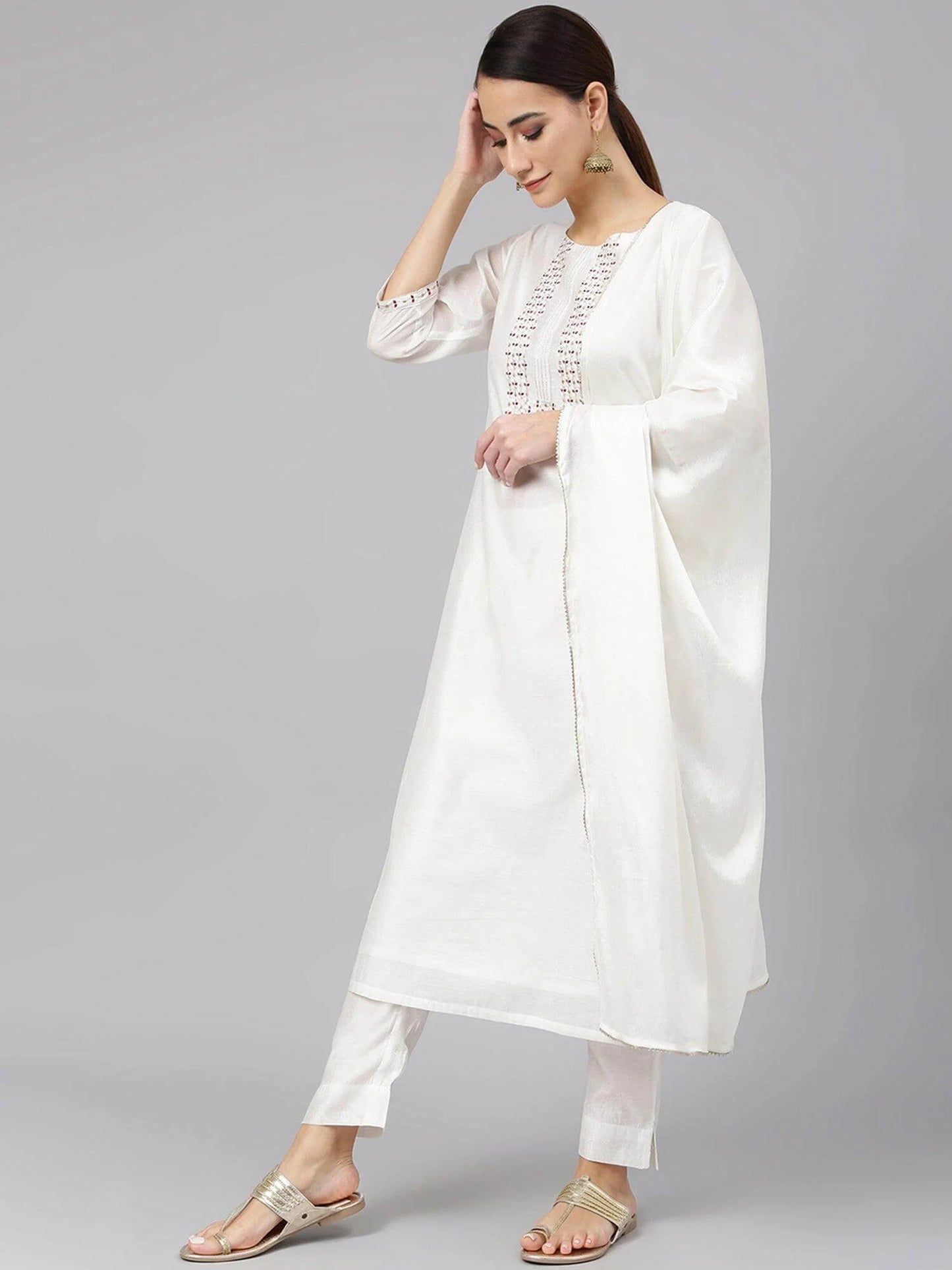 White Poly Silk Solid Kurta With Pant And Dupatta