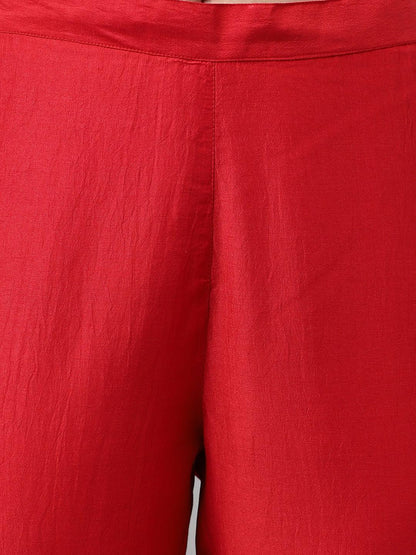 Women's Red Chinon Embroidered Kurta With Pant And Dupatta