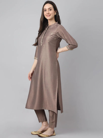Women's Brown Chinon Solid Kurta With Pant And Dupatta