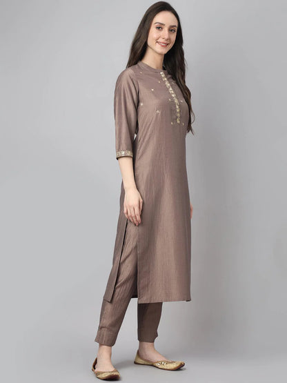 Women's Brown Chinon Solid Kurta With Pant And Dupatta
