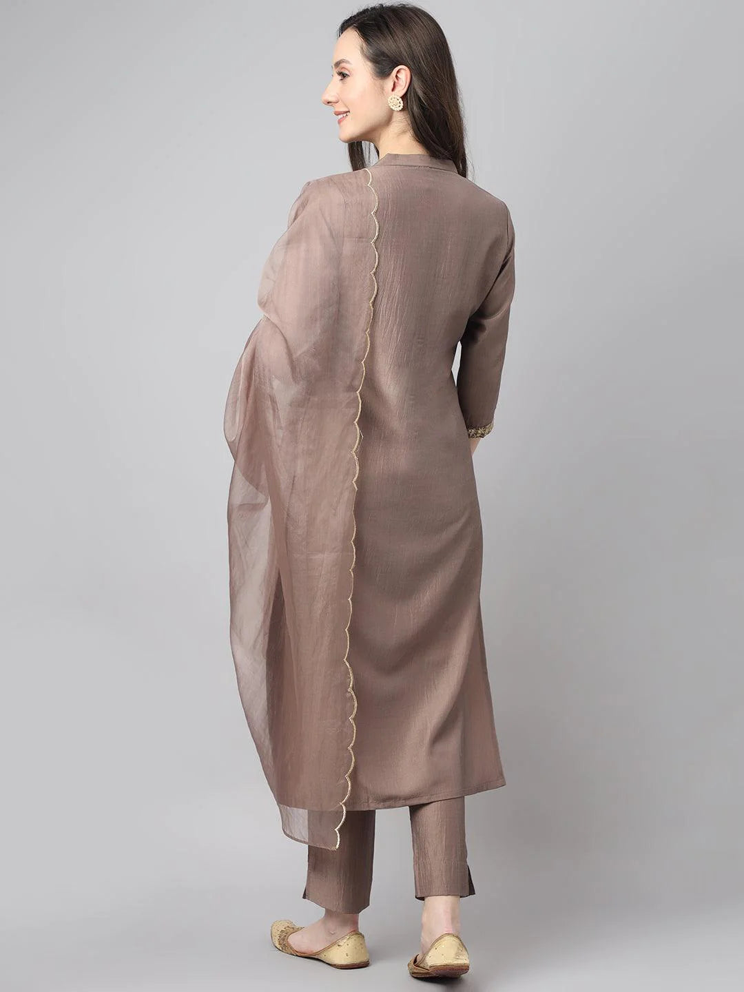 Women's Brown Chinon Solid Kurta With Pant And Dupatta