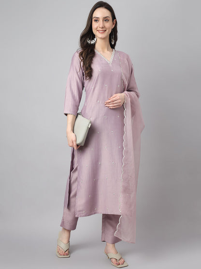 Women's Lavender Chinon Embellished Kurta with Pant and Dupatta