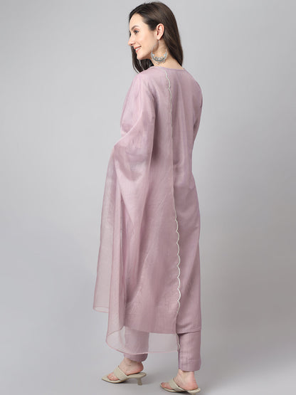 Women's Lavender Chinon Embellished Kurta with Pant and Dupatta
