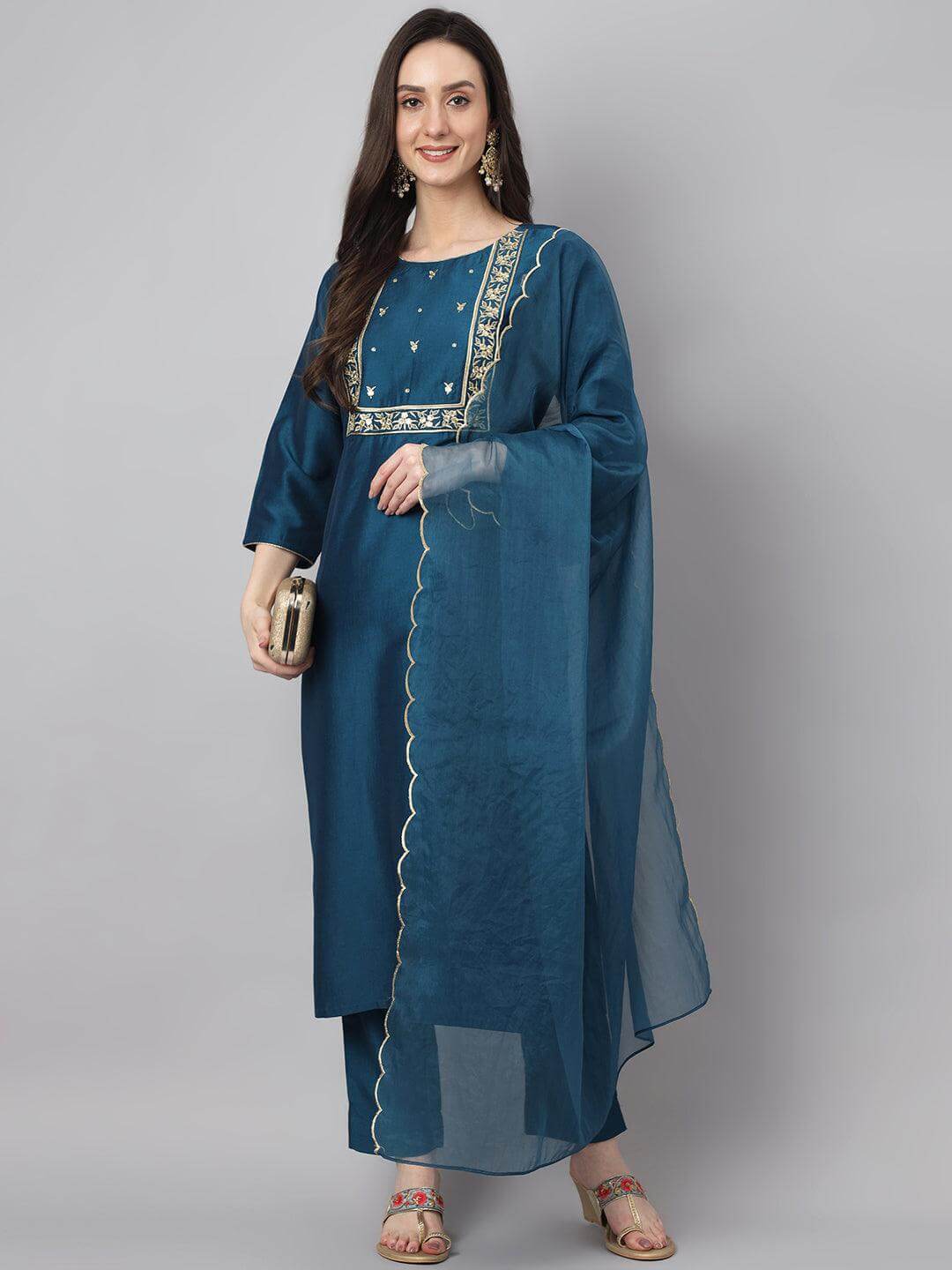 Women's Teal Chinon Solid Kurta With Pant And Dupatta